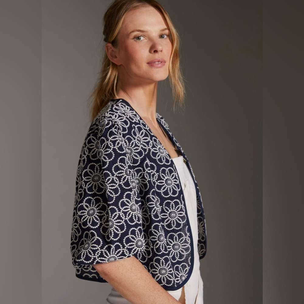 Maeve Anthropologie Navy Embroidery Floral Cropped Draped Shrug Jacket One Size - Picture 15 of 16